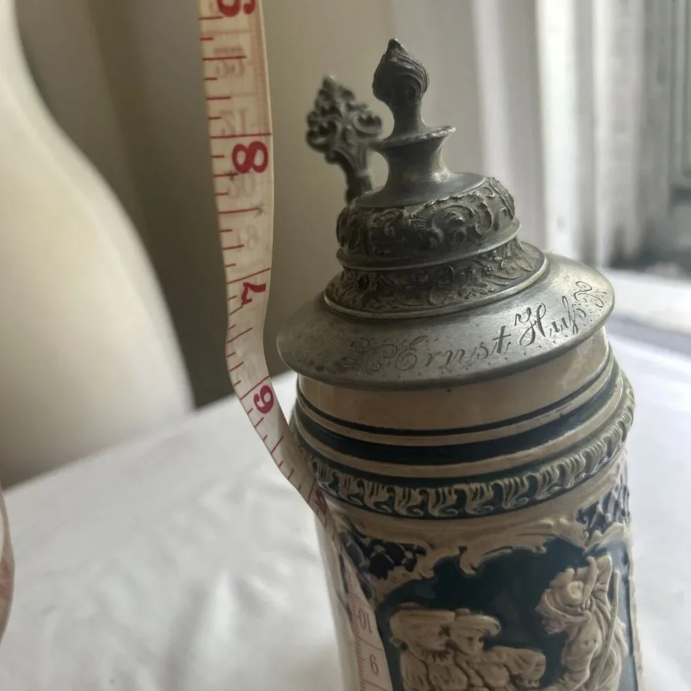 Vintage Antique German Beer Stein Lidded Pewter Engraved “Ernst Huf”  0.5L